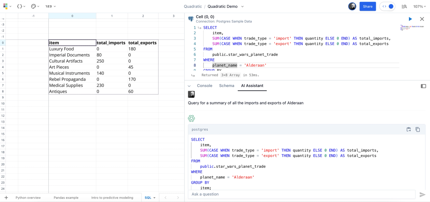 Make Spreadsheet SQL Queries in Quadratic