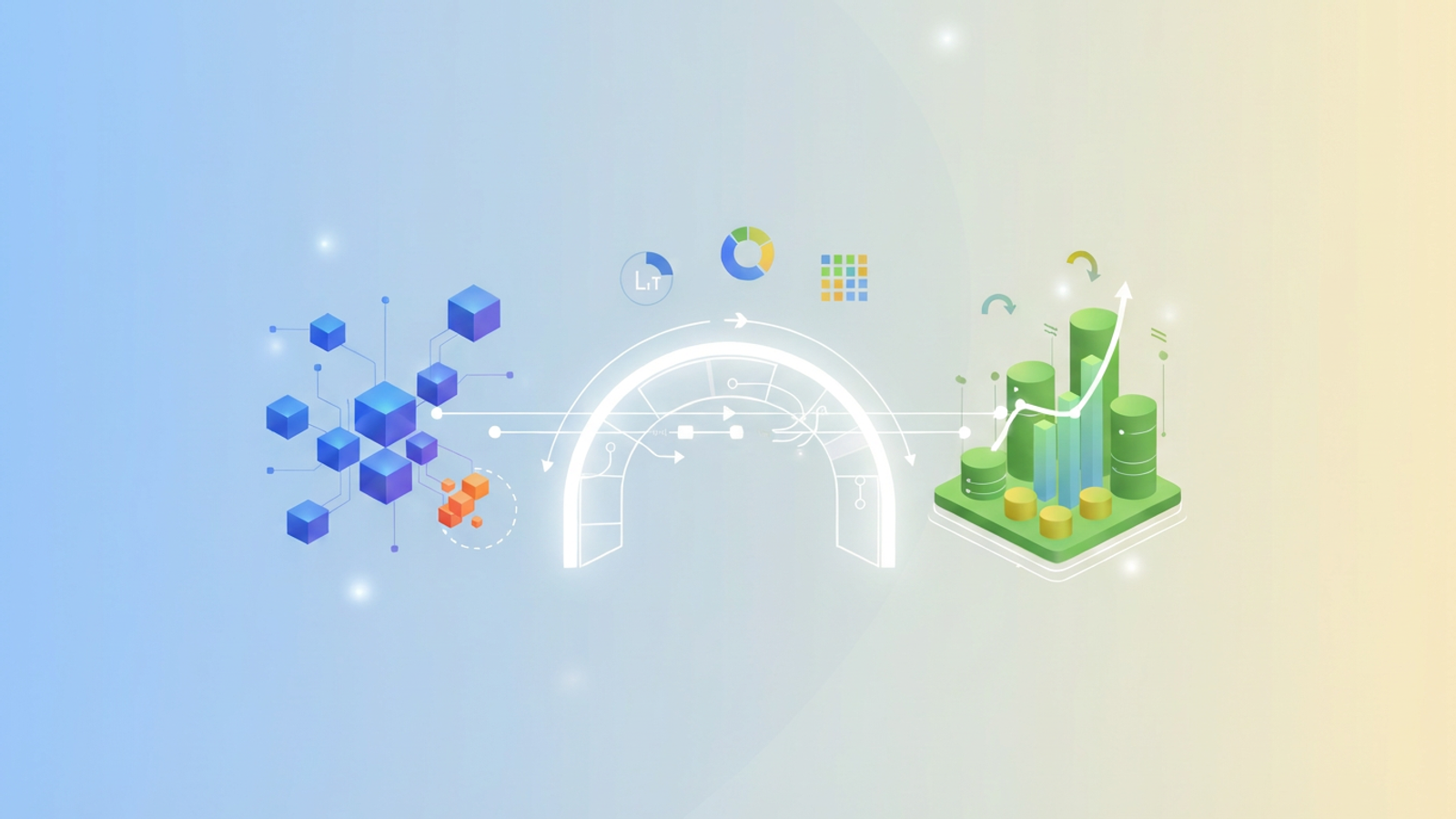 A modern abstract composition features soft-gradient geometric shapes connected by luminous data streams, illustrating the unified analysis of customer lifetime value Google Analytics and financial data for comprehensive insights.