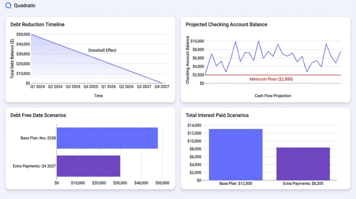 A dashboard with four charts. Key charts show total debt declining over time and daily cash balance remaining above a safety threshold. Two other charts compare metrics for different payoff scenarios.