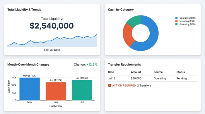 A financial dashboard with four distinct charts visualizing key performance indicators like total liquid assets, monthly cash flow changes, and account balance alerts.