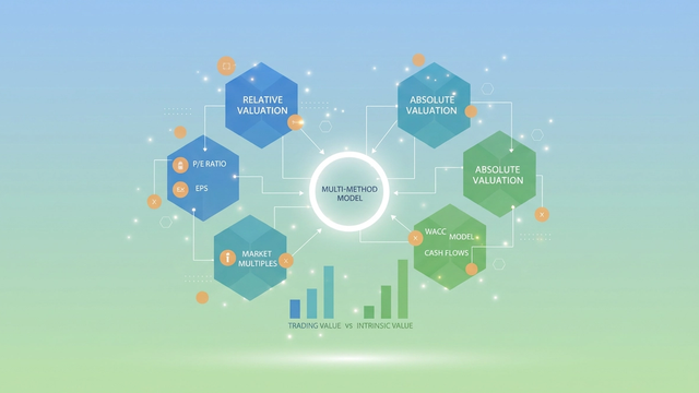 A minimalist abstract illustration features overlapping geometric forms and subtle data streams converging towards a central point, representing a dynamic multi-method approach to financial valuation.