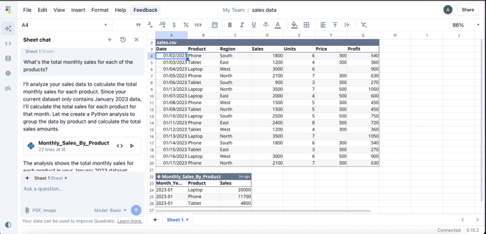 Python exploratory data analysis in Quadratic using text prompts