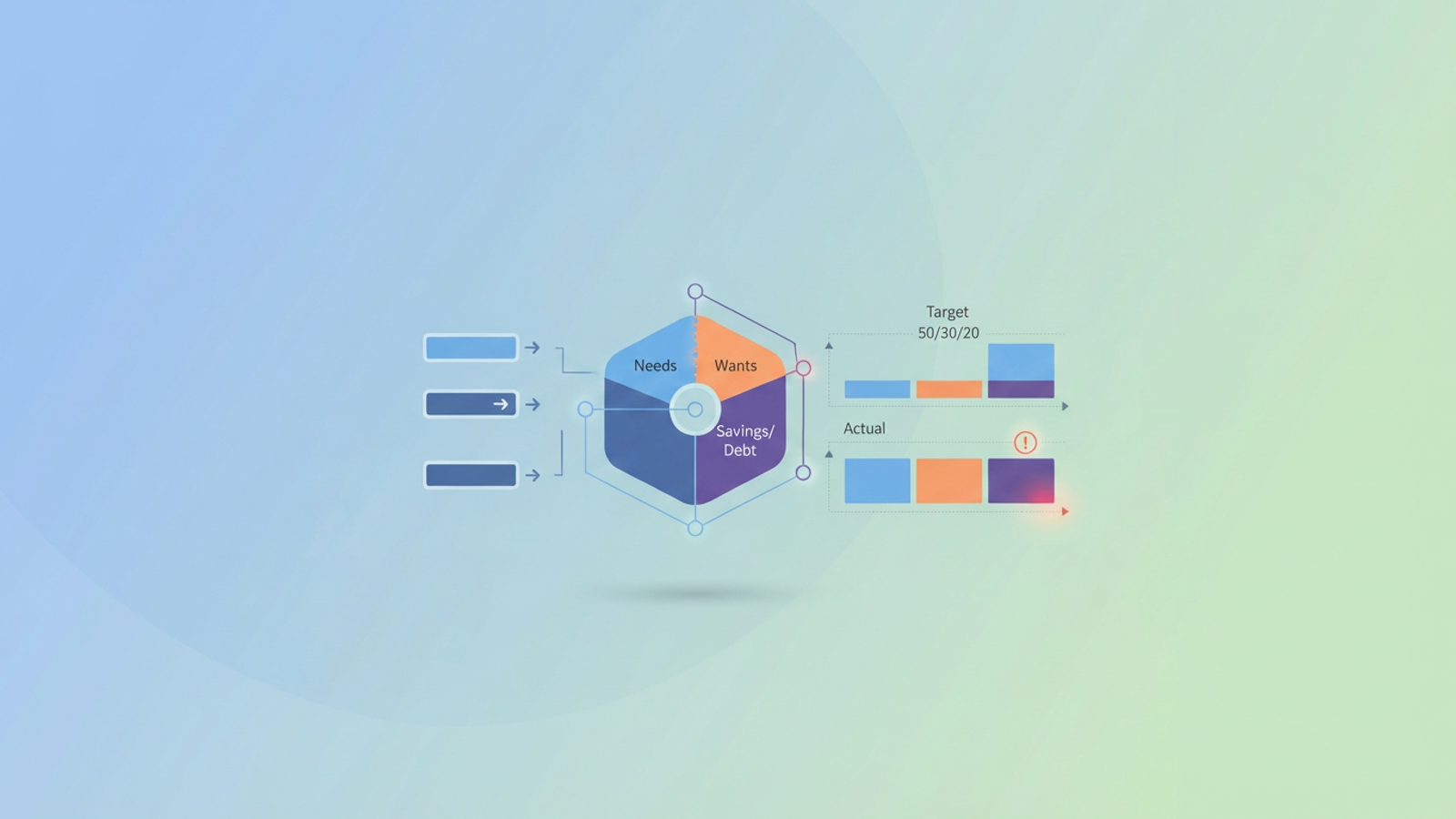 An abstract, modern SaaS-style hero image featuring soft-gradient geometric shapes, subtle data streams, and negative space, visually representing the categorization and rebalancing of a 50 30 20 calculator.