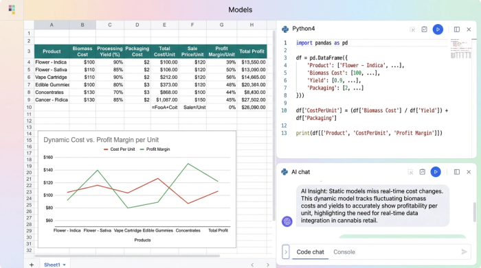 A visual workspace showing data tables, Python code, and charts. The code calculates costs based on the data, and the charts visualize the financial outcomes, demonstrating a connected, dynamic analysis.