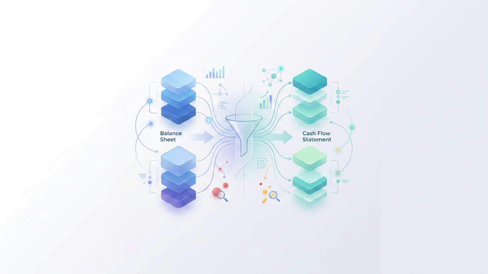 An abstract minimalist composition featuring two distinct clusters of translucent geometric blocks in soft blue and purple gradients that align and connect through thin, precise lines to form a structured central grid, illustrating working capital reconciliation.