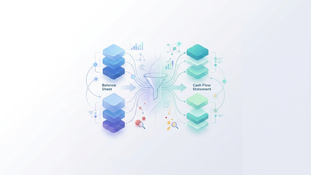 An abstract minimalist composition featuring two distinct clusters of translucent geometric blocks in soft blue and purple gradients that align and connect through thin, precise lines to form a structured central grid, illustrating working capital reconciliation.