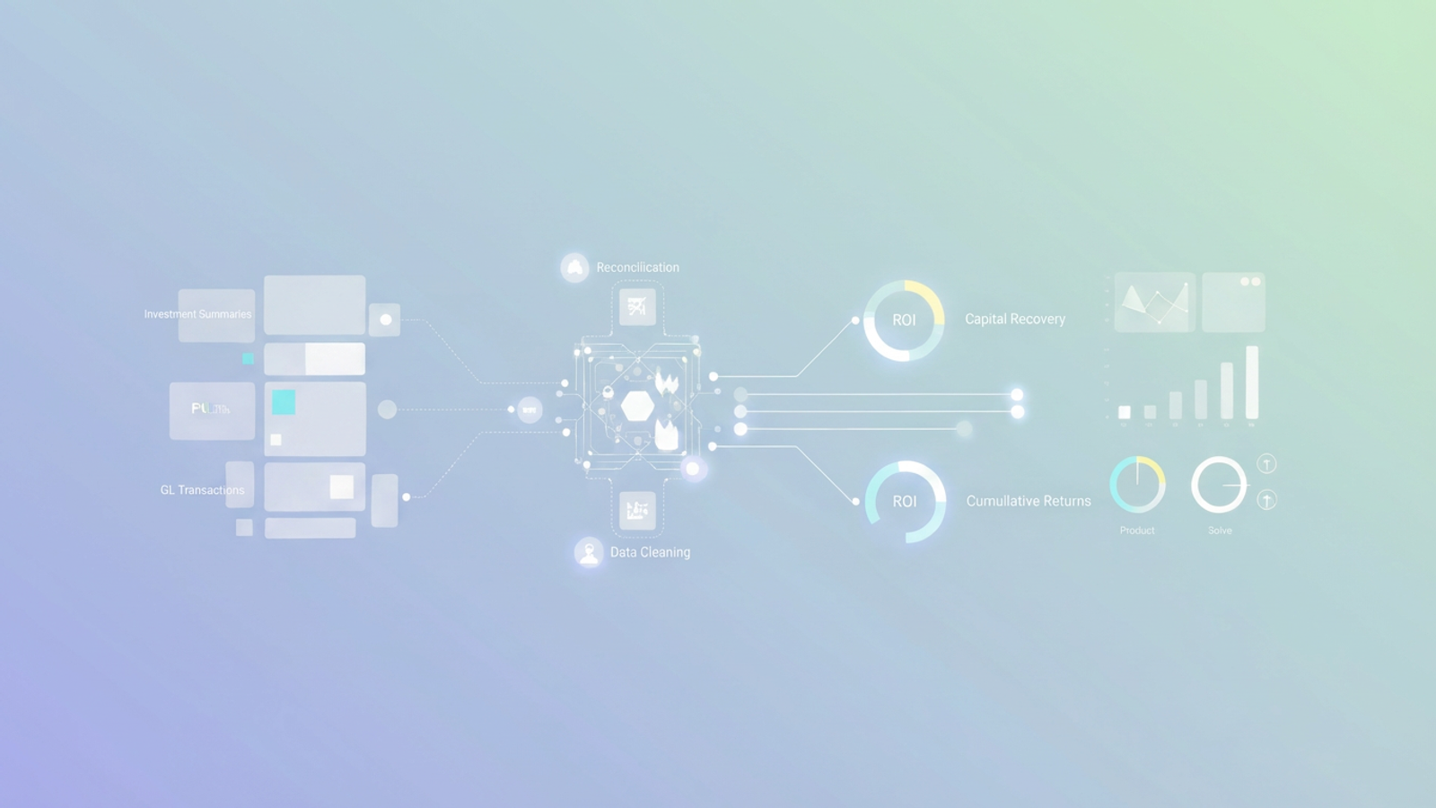 Interconnected geometric shapes with subtle data flow patterns float within a soft gradient field, symbolizing the unified analysis of managed funds performance.