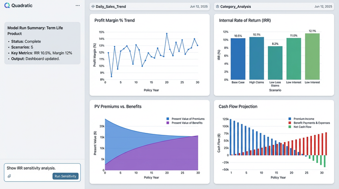 A dashboard with four charts showing key financial metrics for a life insurance product: Profit Margin, IRR, PV of Premiums vs. Benefits, and a Cash Flow Projection.