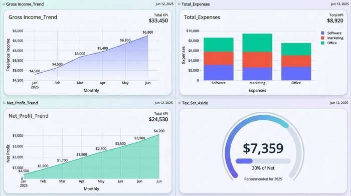 A financial dashboard with four charts showing a freelancer's key metrics: gross income, total expenses, net profit, and the amount to set aside for taxes.