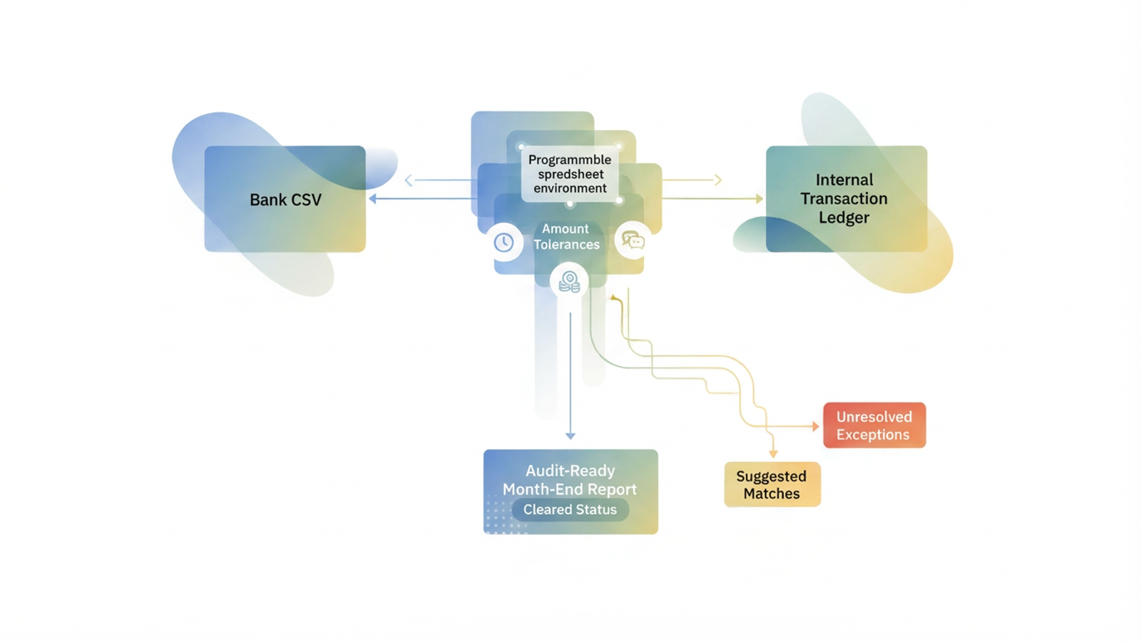 A minimalist abstract composition features soft gradient-filled geometric forms subtly connecting across negative space, symbolizing the streamlined data flow and accurate matching achieved through automated bank reconciliation.