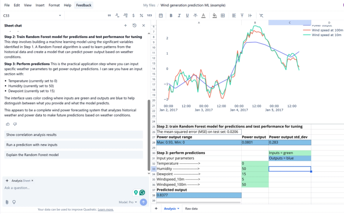 A Quadratic AI example template for machine learning. The AI has responded to the prompt “explain the chart and three steps to me.”