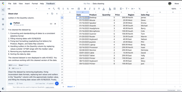 Data cleaning using Quadratic AI