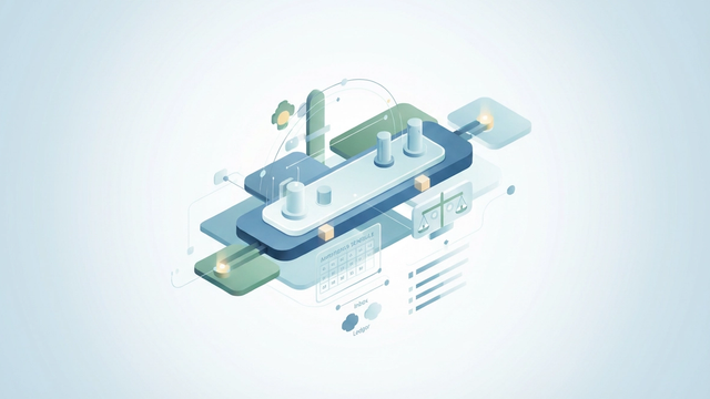 A modern SaaS-style abstract graphic features geometric shapes and connecting lines with subtle data flow elements arranged over a soft gradient, visually organizing data for a prepaid expense tracker.