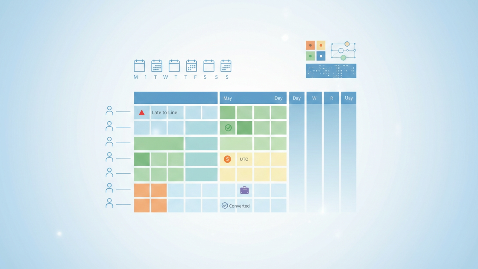 An abstract digital grid, rendered with soft gradients and negative space, features color-coded geometric shapes representing diverse attendance statuses, with subtle lines illustrating data flow and automated calculations for hr time and attendance software.