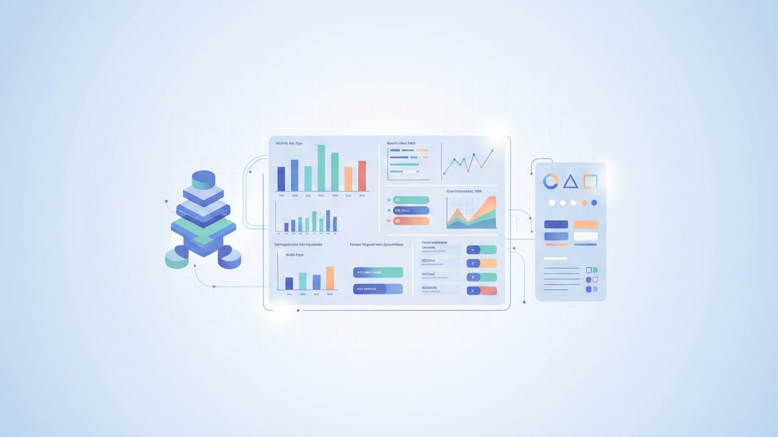 An abstract composition of interconnected geometric shapes in soft gradients symbolizes the flexible analysis of church attendance tracking software data into clear, actionable insights for a dashboard.