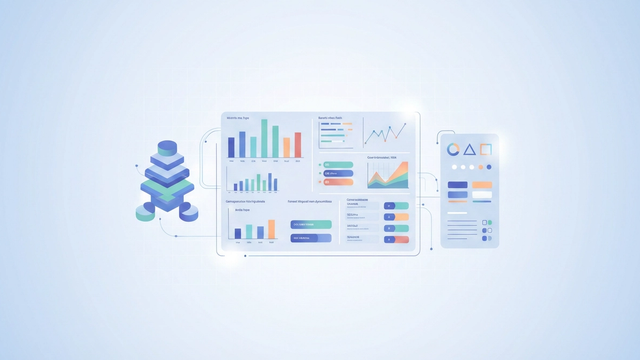An abstract composition of interconnected geometric shapes in soft gradients symbolizes the flexible analysis of church attendance tracking software data into clear, actionable insights for a dashboard.