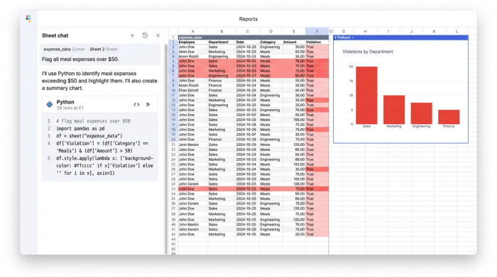 A split-screen view with an AI chat on the left and a data grid on the right. The chat asks to find policy violations, and the grid highlights the corresponding rows, with a chart summarizing the outliers.
