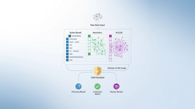 An abstract, minimal composition features interconnected geometric shapes and soft gradient pathways, illustrating the comparison of various business category classification methods to structure data.