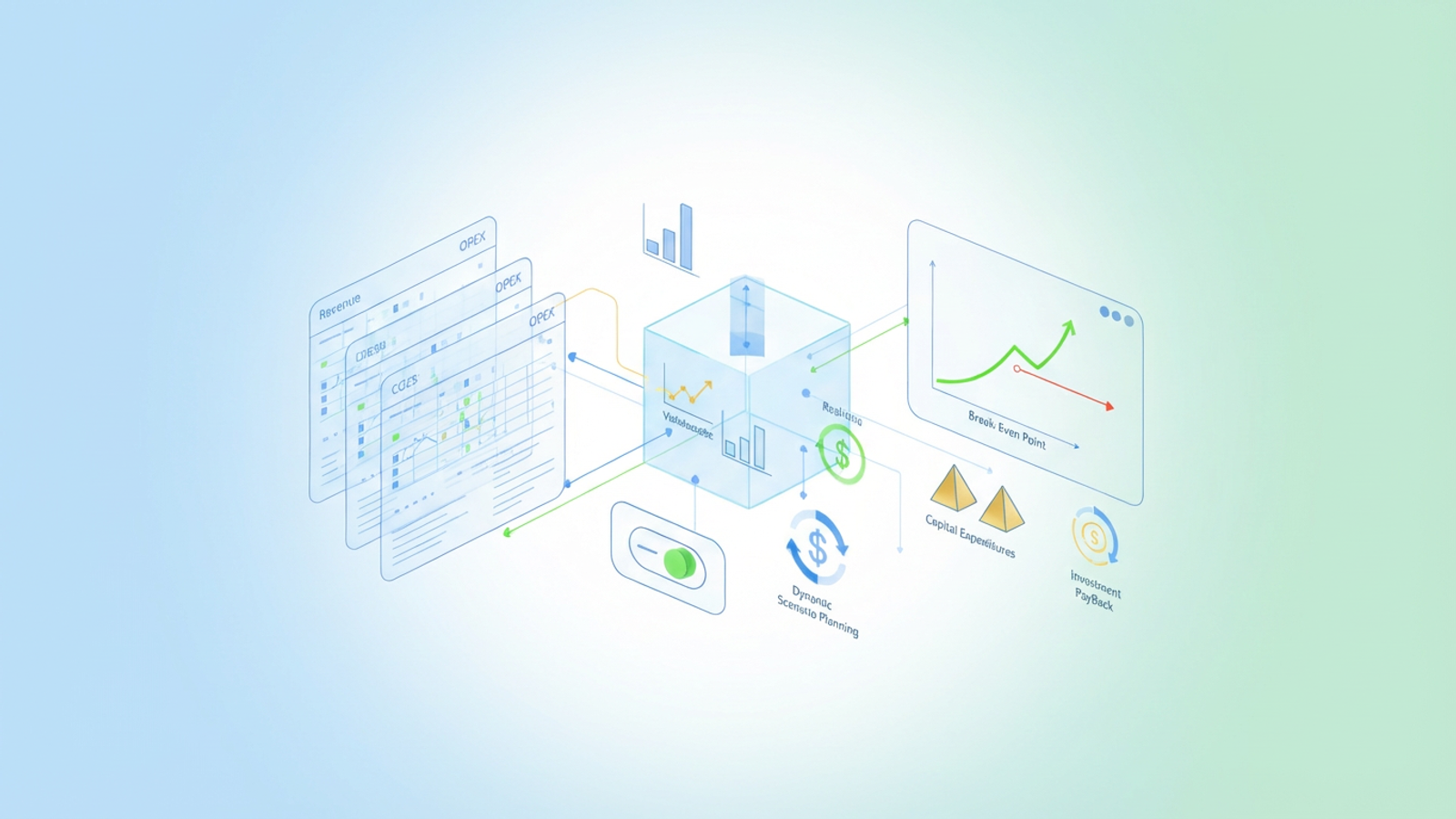 An abstract, modern hero image with soft gradient geometric forms connected by subtle data lines, representing robust financial modeling and P&L analysis for project profitability.
