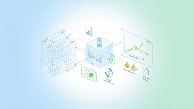 An abstract, modern hero image with soft gradient geometric forms connected by subtle data lines, representing robust financial modeling and P&L analysis for project profitability.