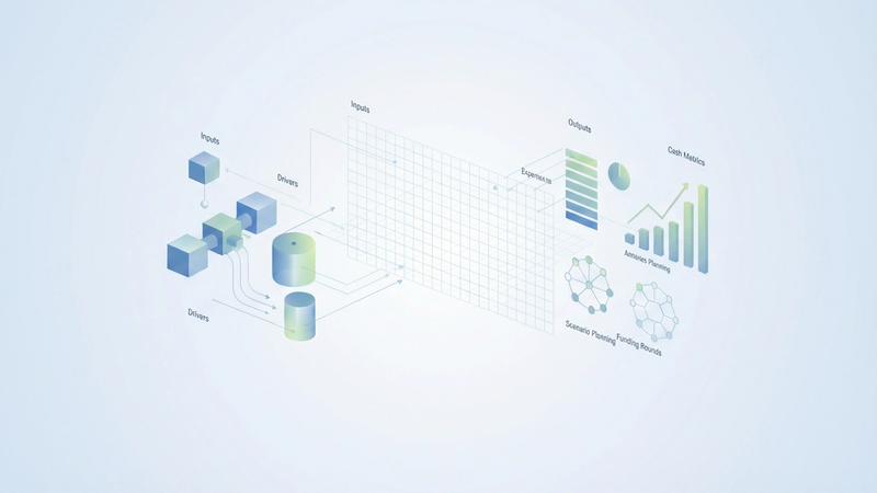 A clean abstract composition uses overlapping translucent geometric shapes and subtle gradient trails on a light background, illustrating the dynamic and interconnected components of a startup financial model.