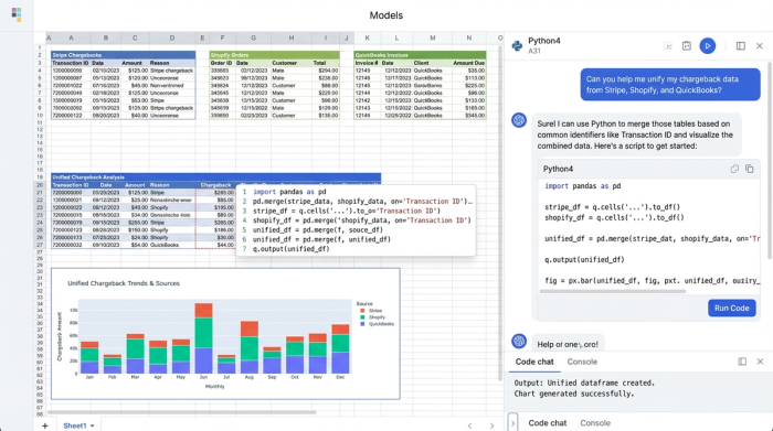An abstract representation of a data workflow showing data tables, Python code, and charts integrated into a single interface, symbolizing the unification of disparate data sources.