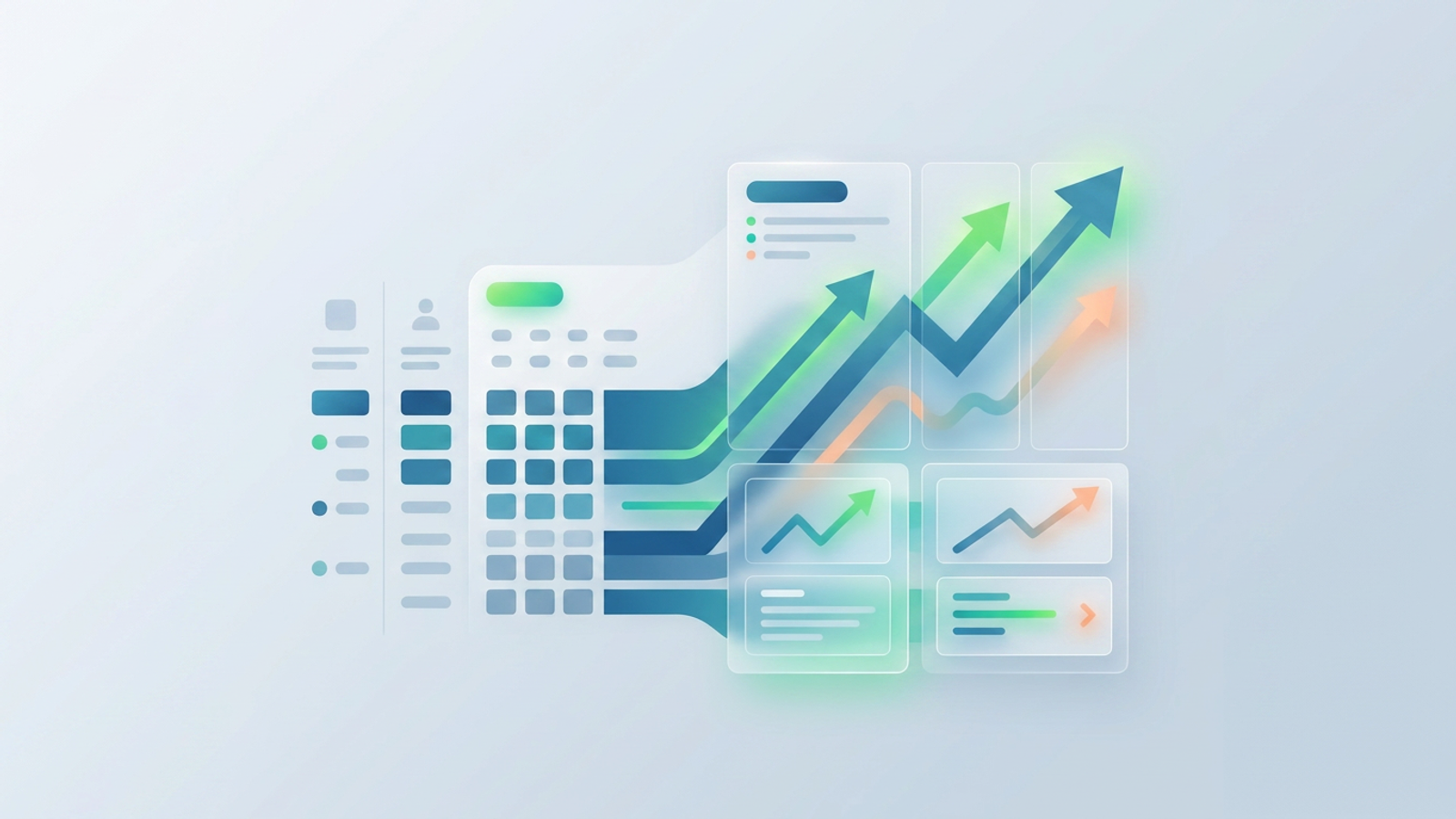 A minimalist, abstract digital landscape featuring glowing geometric nodes, structured grid lines, and soft gradient curves that visualize operational performance metrics against a clean, spacious background.