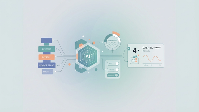An abstract composition of layered geometric shapes and soft gradients, hinting at structured data flow and dynamic financial projections for an ai budget generator.