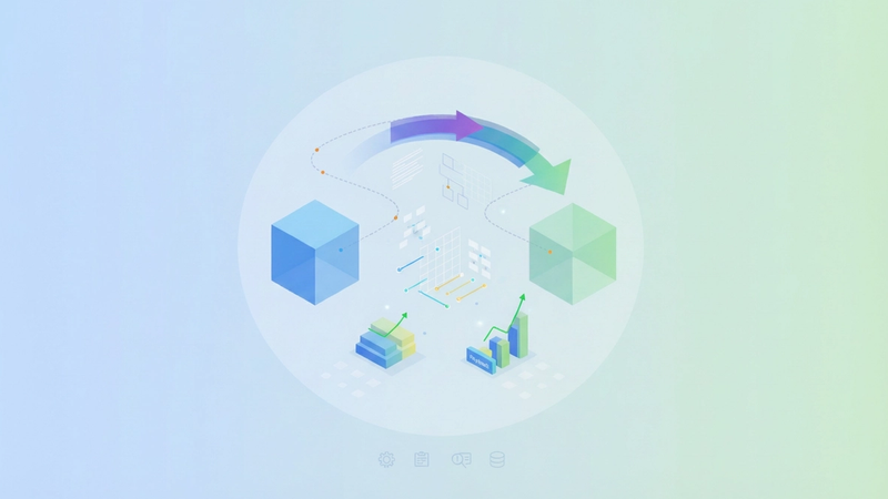 An abstract image with clean geometric shapes in soft, overlapping gradients, subtly connected by flowing lines, representing the consolidation of granular data and phased operational changes for comprehensive product profitability analysis.