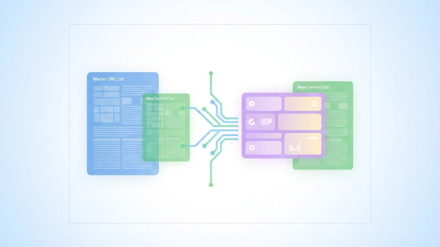 A minimal, modern hero image features soft gradient geometric shapes arranged in distinct, interconnected sections on a spacious canvas, depicting the structured batch processing for an seo meta tag generator.