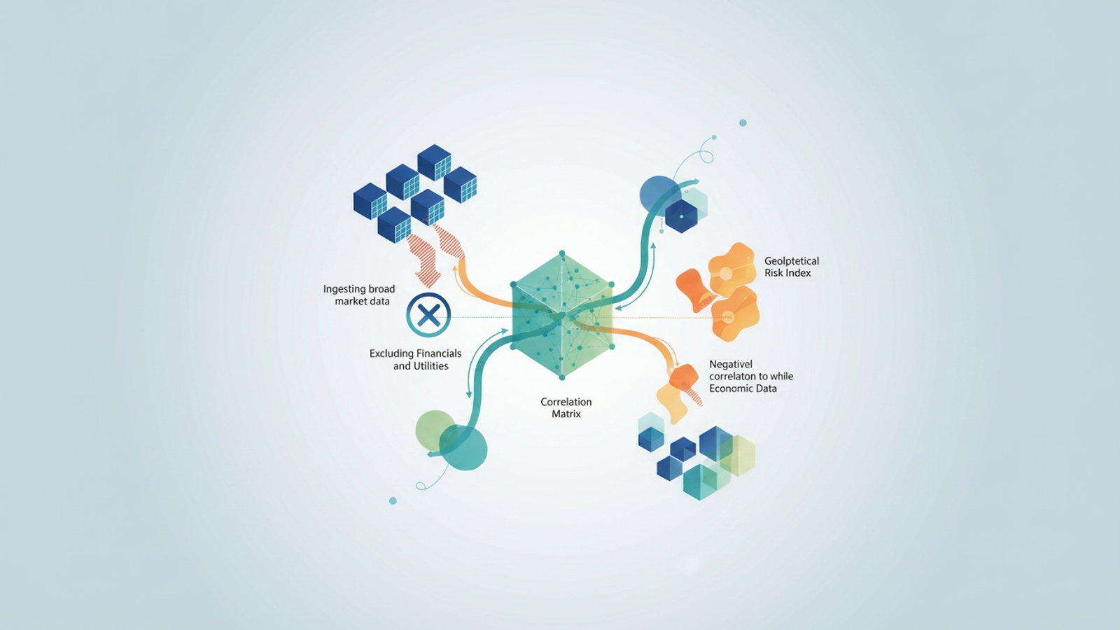 A modern abstract design features a network of geometric shapes in soft gradients, some interconnected and others distinctly separated, symbolizing the analytical process of identifying negatively correlated stocks for strategic diversification.