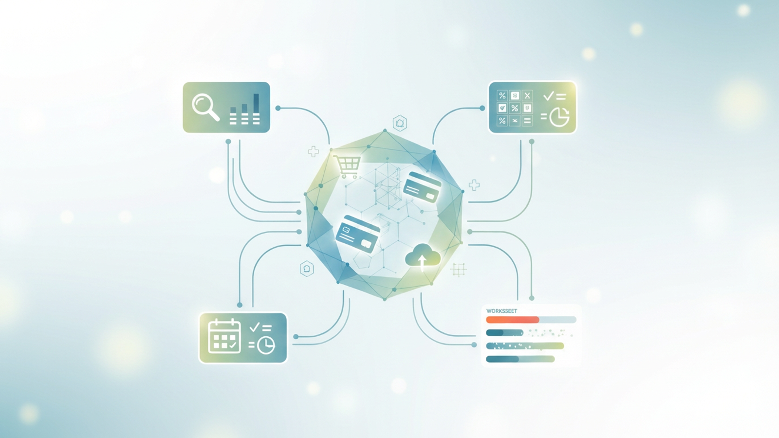 An abstract, minimal composition displays interconnected geometric forms with soft gradients and subtle structural lines, reflecting the organized aggregation of financial data for paying sales tax in multiple states.