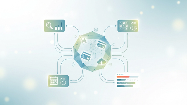 An abstract, minimal composition displays interconnected geometric forms with soft gradients and subtle structural lines, reflecting the organized aggregation of financial data for paying sales tax in multiple states.