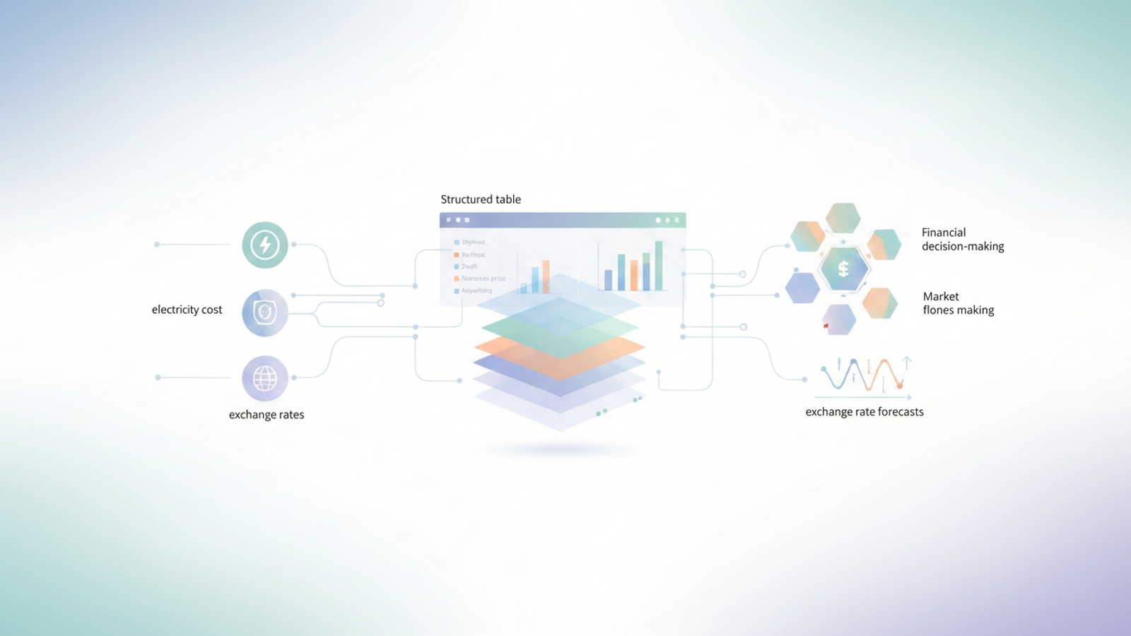 An abstract composition of interconnected geometric shapes and soft gradient flows represents the dynamic calculation of bitcoin mining cost and financial profitability.