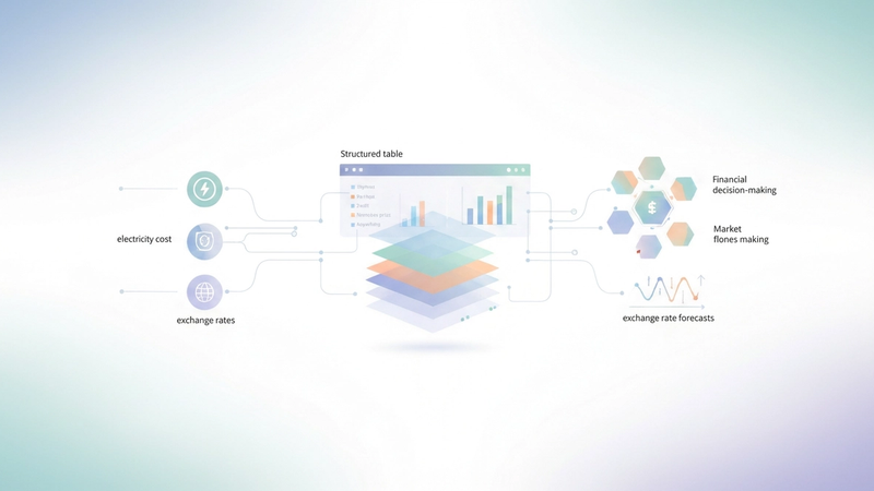 An abstract composition of interconnected geometric shapes and soft gradient flows represents the dynamic calculation of bitcoin mining cost and financial profitability.