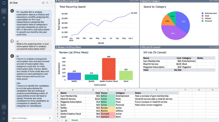 A financial dashboard with four charts summarizing subscription spending. The charts display a list of subscriptions to review, a pie chart of spending by category, and a total monthly cost metric.