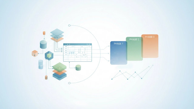 An abstract digital illustration uses interconnected geometric shapes and soft blue-green gradients to represent the dynamic data flow of a multi-market p&l forecast and phased strategic expansion.