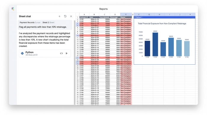 An interface showing an AI chat prompt, a corresponding data table with highlighted rows, and a summary chart, illustrating an AI-driven data audit.