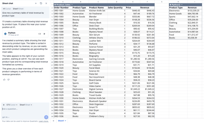 Showing how to summarize a data table with ChatGPT in Quadratic.