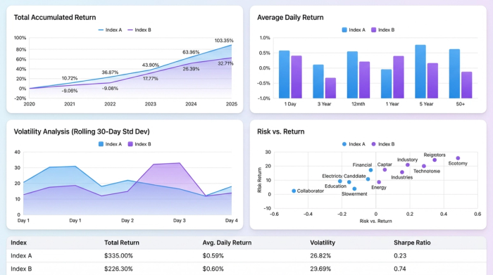 A clean dashboard displaying four charts that summarize a stock index comparison, including a line chart and bar charts showing performance metrics.