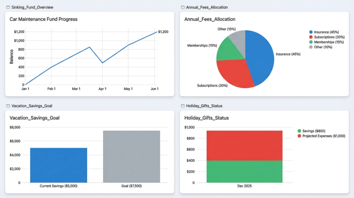 A dashboard with four charts, each showing progress toward a different savings goal. The charts could be bar charts or progress donuts.