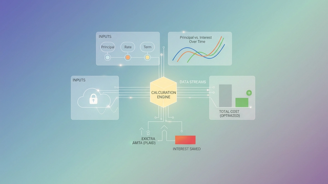 A minimal abstract image features interconnected geometric forms with soft blue and green gradients, illustrating transparent financial data flow for a dynamic loan interest calculator that analyzes and compares loan costs.