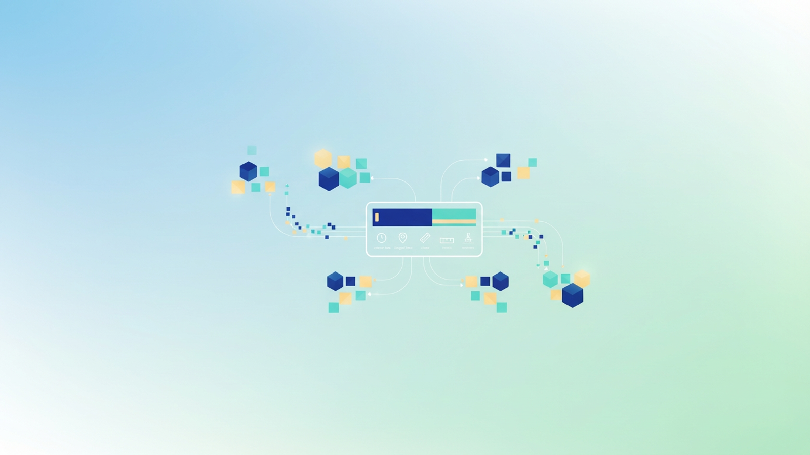 Interconnected geometric shapes with soft gradient fills are arranged in a dynamic composition against negative space, subtly illustrating the structured analysis of trip data in last mile delivery logistics.
