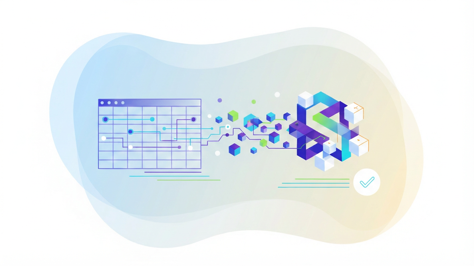 An abstract composition of interconnected geometric shapes and soft gradient planes floats in negative space, representing structured data and the computational processes for integer linear programming.