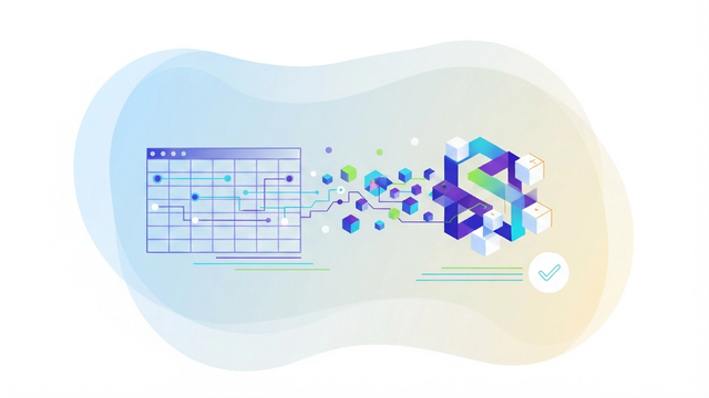 An abstract composition of interconnected geometric shapes and soft gradient planes floats in negative space, representing structured data and the computational processes for integer linear programming.