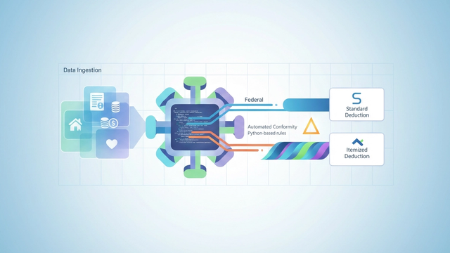 A minimalist abstract illustration features intersecting geometric shapes and subtle data streams flowing into two distinct, gradient-filled zones, representing the comparison of standard versus California itemized deductions.