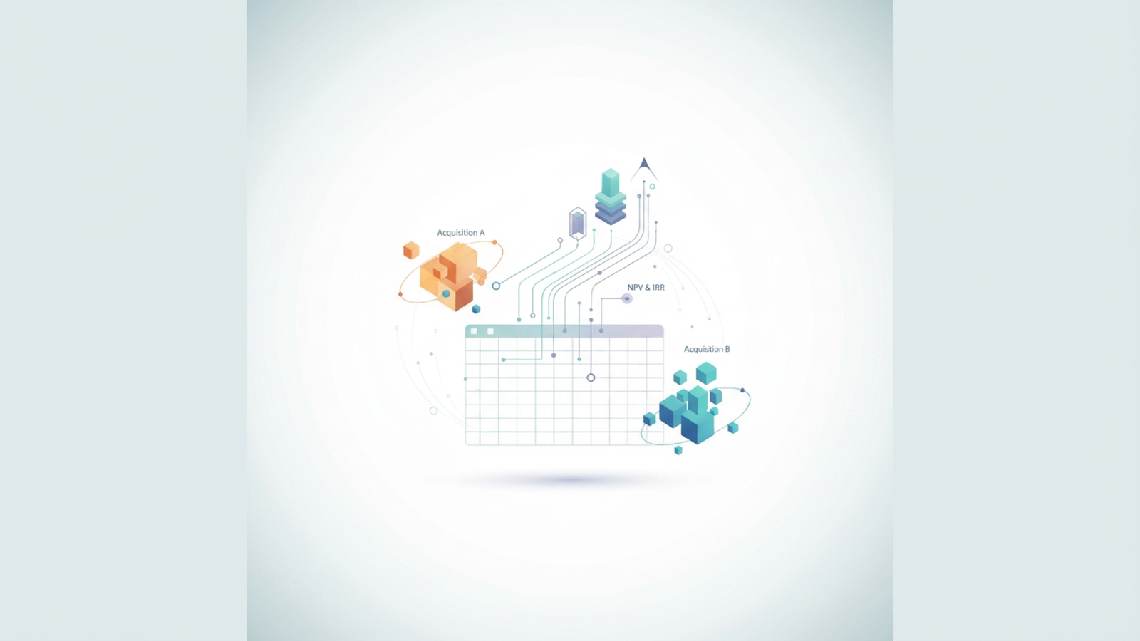 An abstract hero image displays interconnected geometric shapes with soft gradients and subtle data points, symbolizing the structured financial modeling process for asset acquisition and investment analysis.