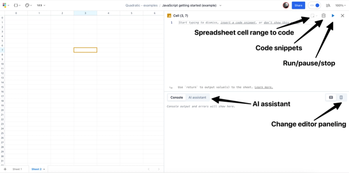 JavaScript code editor highlights.