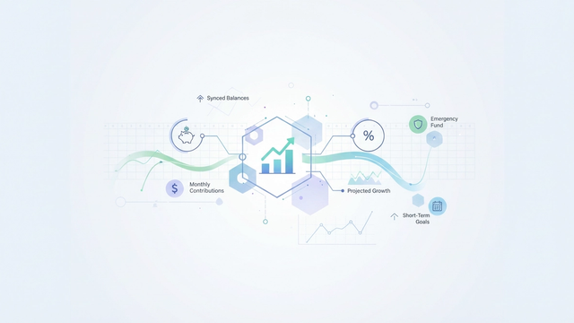 An abstract composition of interconnected geometric shapes and soft gradient lines flows upwards across a minimalist background, visually representing financial growth projections from a savings account interest calculator.