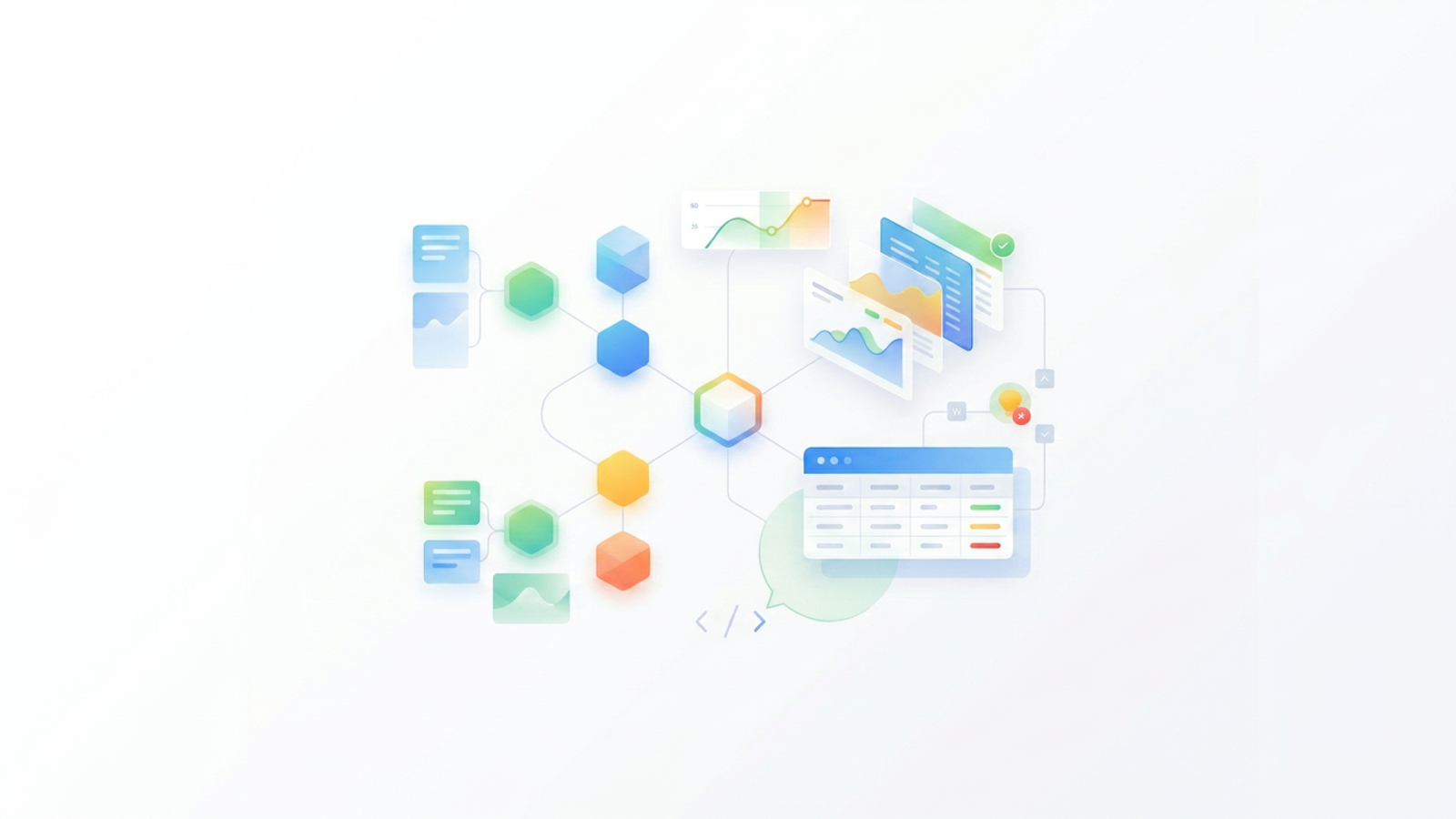 A minimalist abstract design featuring layered translucent geometric shapes and soft green gradients that represent structured data flow and performance thresholds for an incentive compensation calculation.